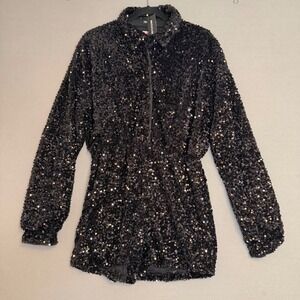 PrettyLittleThing Black Sequin Long Sleeve Romper Collared Party Playsuit Sz 10